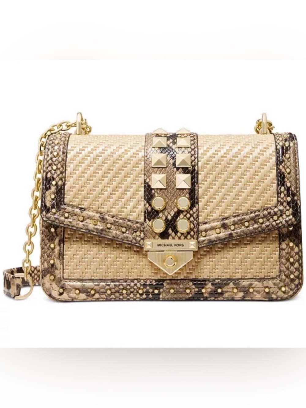 Michael Kors Large Soho Chain Shoulder Bag Rattan Straw/Snake, Wallet Set NWT